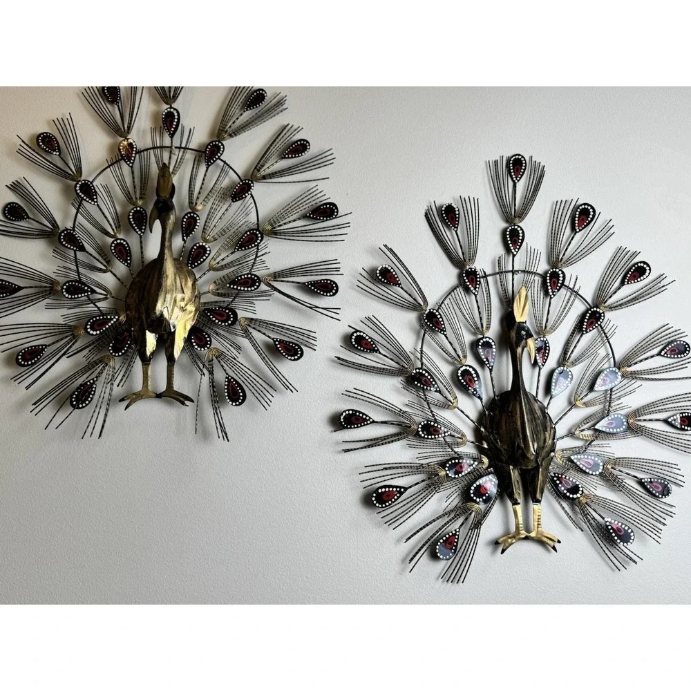 VTG Set 2 Mid Century Peacock Metal Wall Art MCM Decor Large Boho Hippie 3D Bird